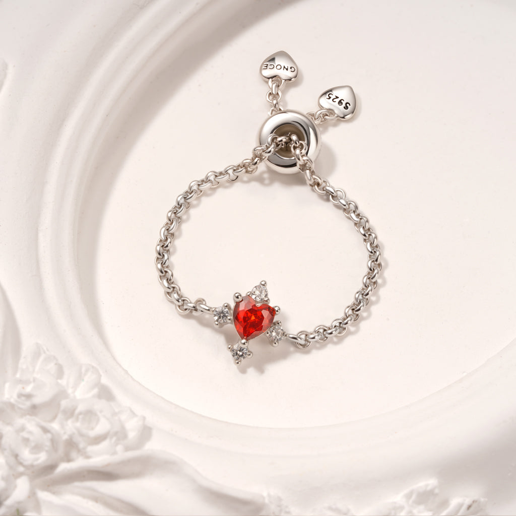 Gnoce Heart Birthstone Adjustable Chain Ring_4