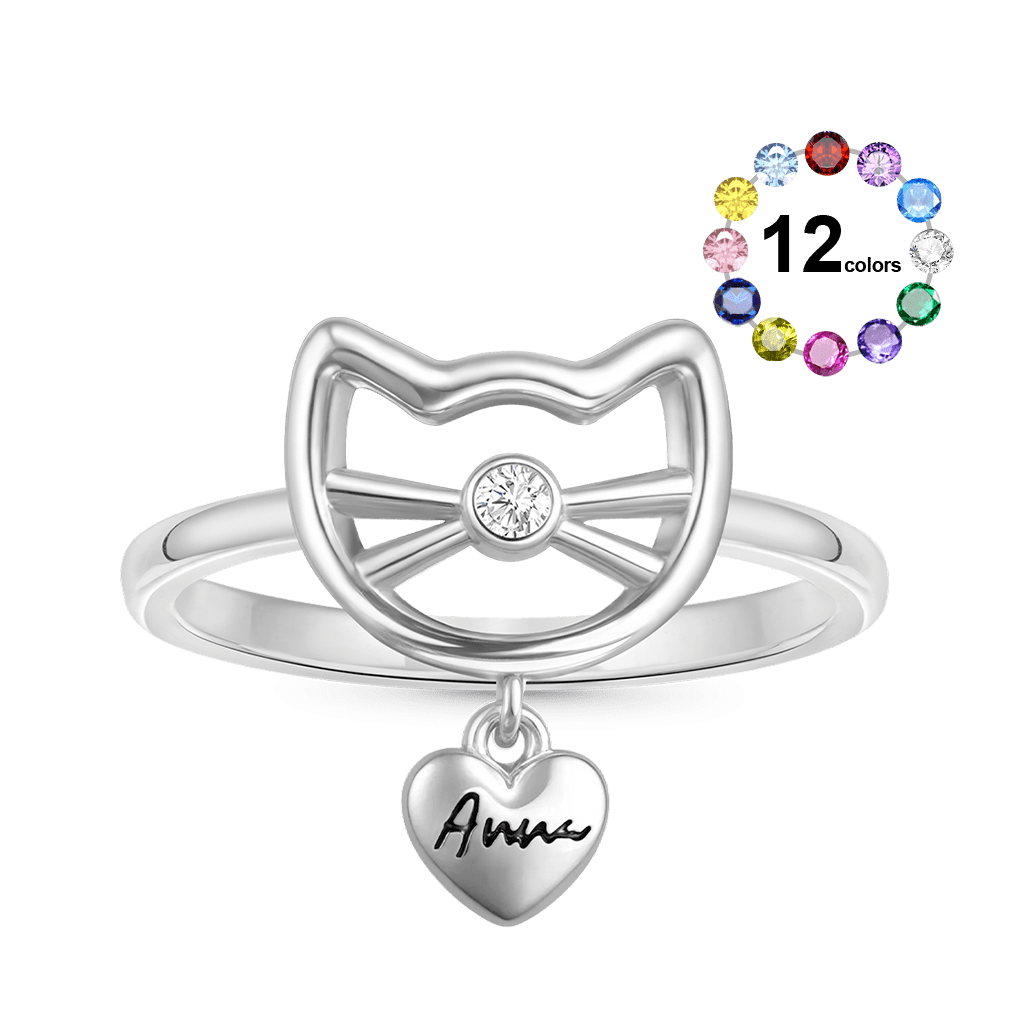 Gnoce Personalized Engravable Birthstone Cute Cat Ring_1
