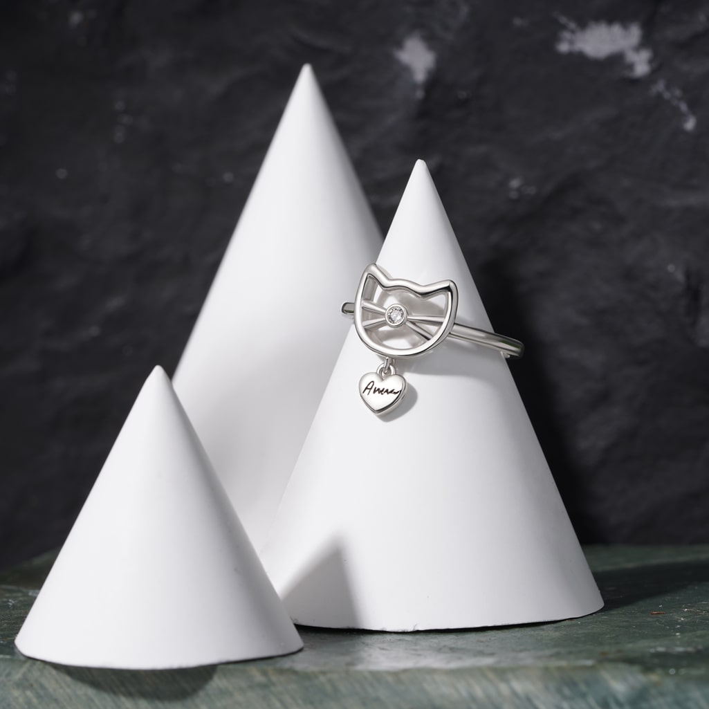 Gnoce Personalized Engravable Birthstone Cute Cat Ring_5