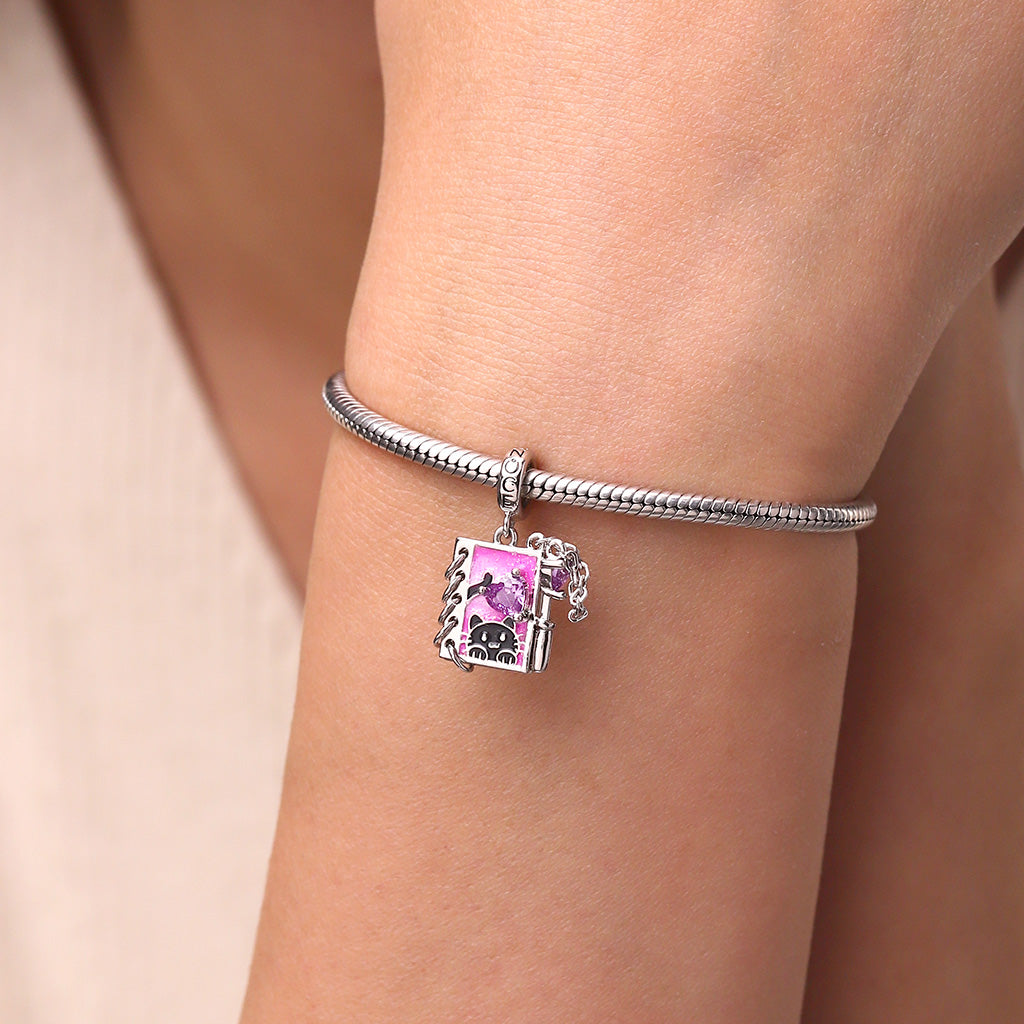 Gnoce Black Cat Diary with Flip-page Engravable Pendant Dangle Charm_8