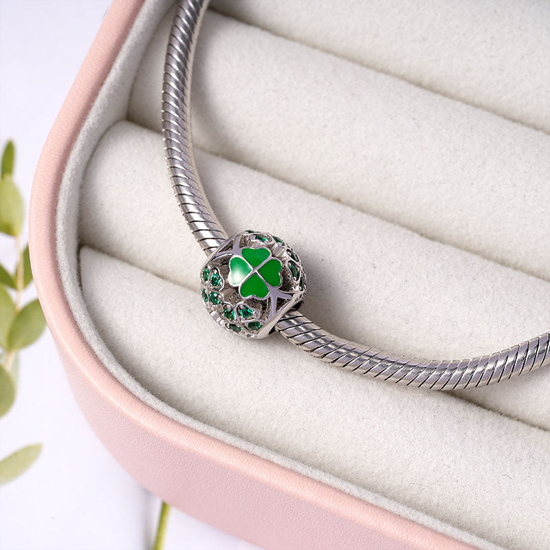 Lucky Four-Leaf Clover Heart Shape Hollow Charm with Emerald Stones Sterling Silver_2