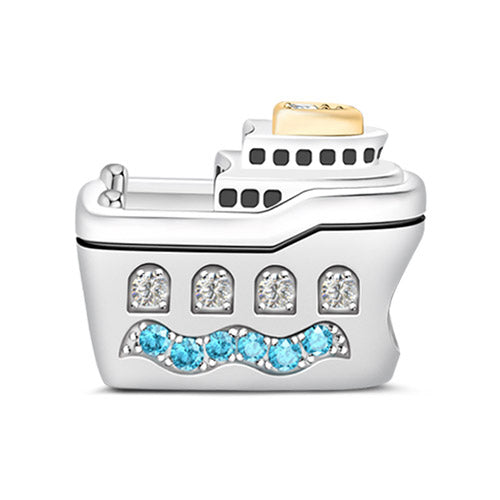 Gnoce "Guide Your Own Ship"Made of 925 Sterling Silver Designed with Aquamarine Blue Stones And Small Windows Cruise Ship Charm_1