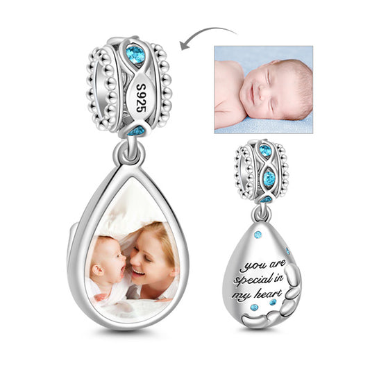 Gnoce "You Are Special" 925 Sterling Silver Sapphire CZ Stones Teardrop Shape with Engraving Words "You Are Special In My Heart" Photo Charm Pendant for Bracelet and Necklace_1
