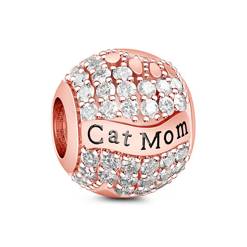 Gnoce "Cat Mom "Made Out of .925 Sterling Silver,Inlaid With So Many Pure Stones,With Rose Gold Plated Paw Prints and Fish Bone Designed Rose Gold Cat Mom Charm_1