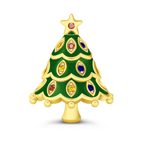 Gnoce "Happy Christmas"Yellow Gold Plated Emerald Tree with Multicolor Stones 925 Sterling Silver Bead Charm_1