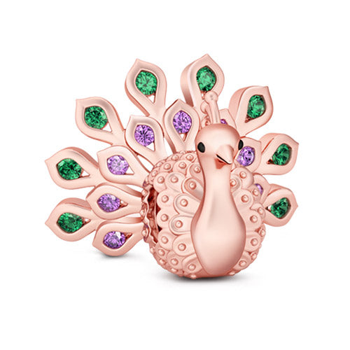Gnoce "New Beginning and Eternal Life" Rose Gold Plated Gorgeous Peafowl with Emerald and Amethyst Stones 925 Sterling Silver Bead Charm_1