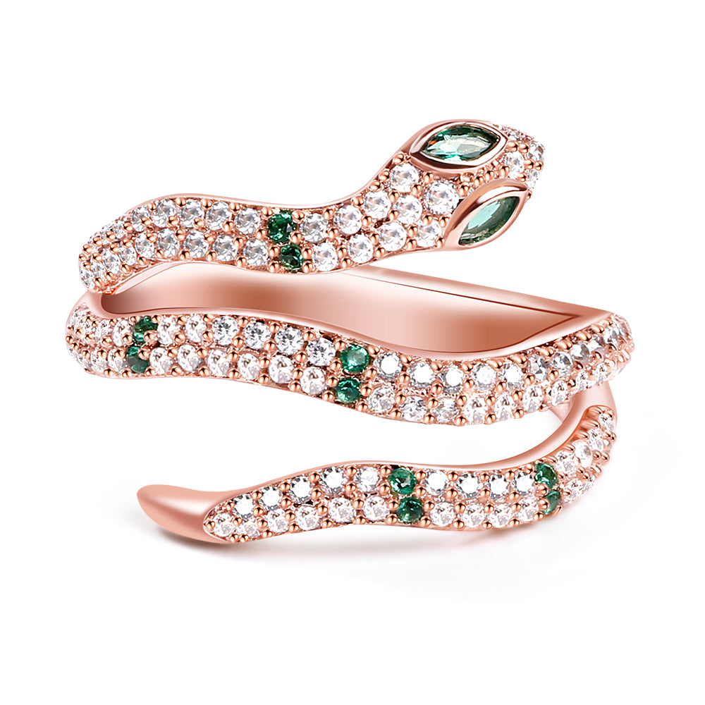 Gnoce "Creative life Force" 18K Rose Gold S925 Sterling Silver Green Snake Ring with Clear CZ Stones_2