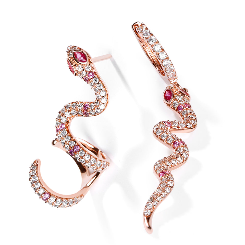 Gnoce "Rebirth" S925 Sterling Silver 18k Rose Gold Pink Snake Earrings with Clear CZ Stones_2