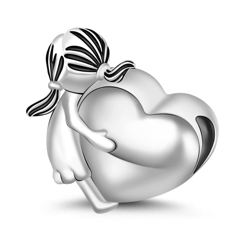 Gnoce "I Love My Family" 925 Sterling Silver Little Girl Hug A Heart Shape with Family Charm For Bracelet_2