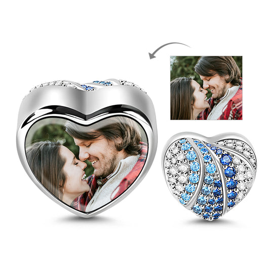 Gnoce "Blue Heart" Dazzling 925 Sterling Silver Photo Bead Charm with Clear CZ Stones Fit Pandora Bracelet_1
