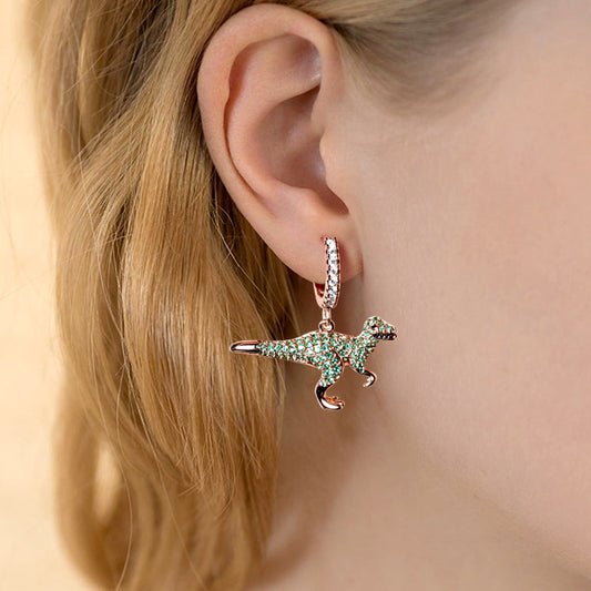 Gnoce "Prehistoric Glamour" S925 Sterling Silver 18k Rose Gold Plated Dinosaur Earrings with Grenn CZ Stones_3