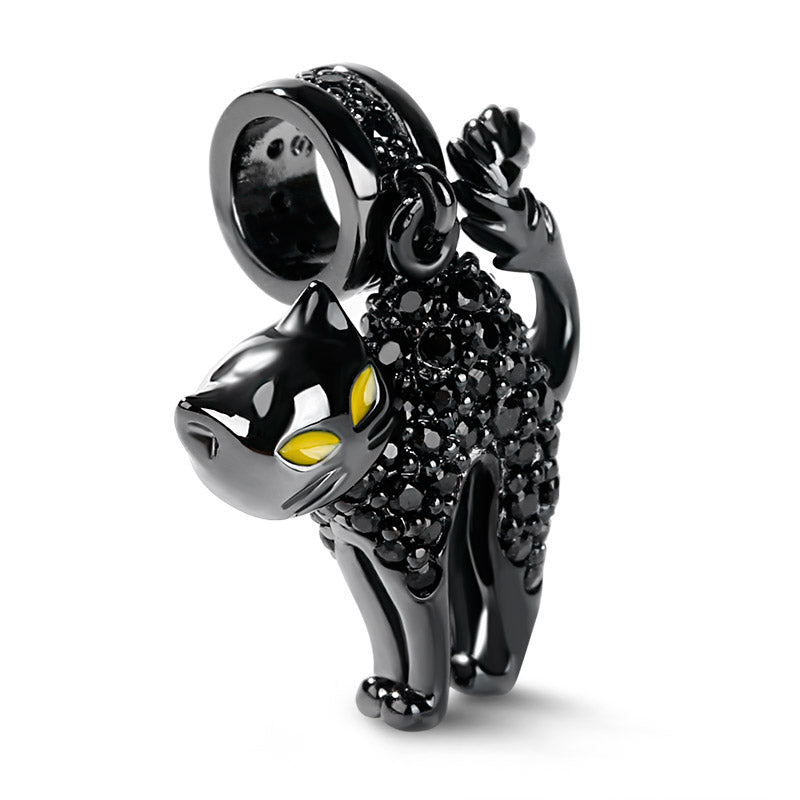 Gnoce "Enjoy Life "Naughty Black Cat with Cz Stones 925 Sterling Silver Pendant Locket for Bracelet/Necklace_2