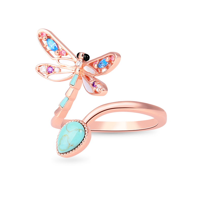 Turquoise Dragonfly Adjustable Ring Rose Gold Plated_2