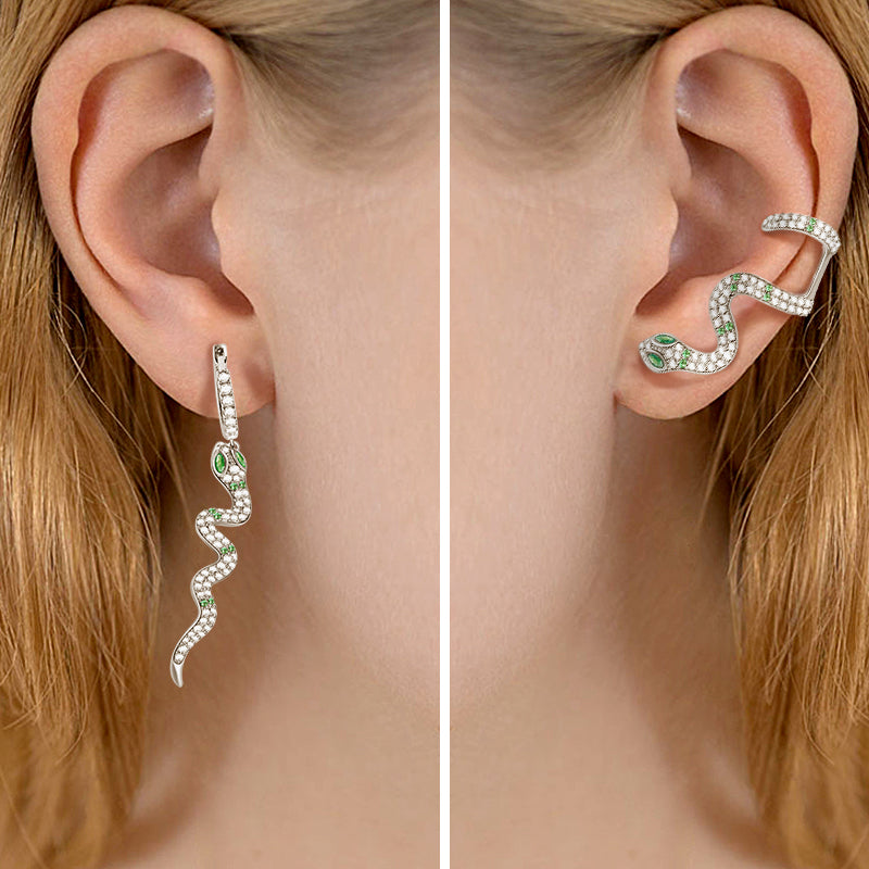 Gnoce "Rebirth" S925 Sterling Silver Green Snake Earrings with Clear CZ Stones_3