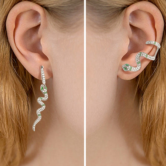 Gnoce "Rebirth" S925 Sterling Silver Green Snake Earrings with Clear CZ Stones_3