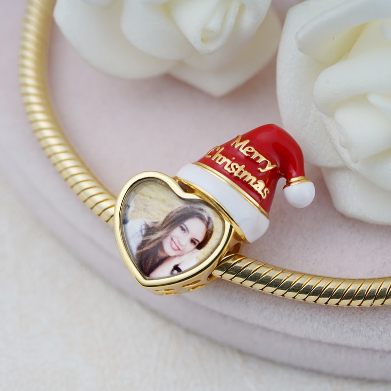 Christmas Hat with Heart-shaped Personalized Photo Charm Bead 925 Sterling Silver 18k Gold Plated_2
