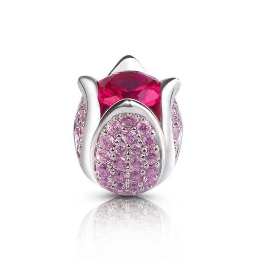 Gnoce "Perfect Love" Tulip Flower Charm Sterling Silver with Ruby and Pink Stones_1