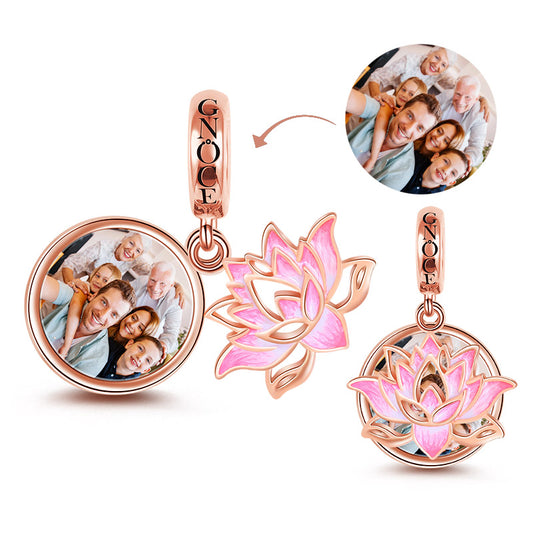 Gnoce "Thrives on Water" Lotus Photo Charm Personalized Bead Sterling Silver 18k Rose Gold Plated_1