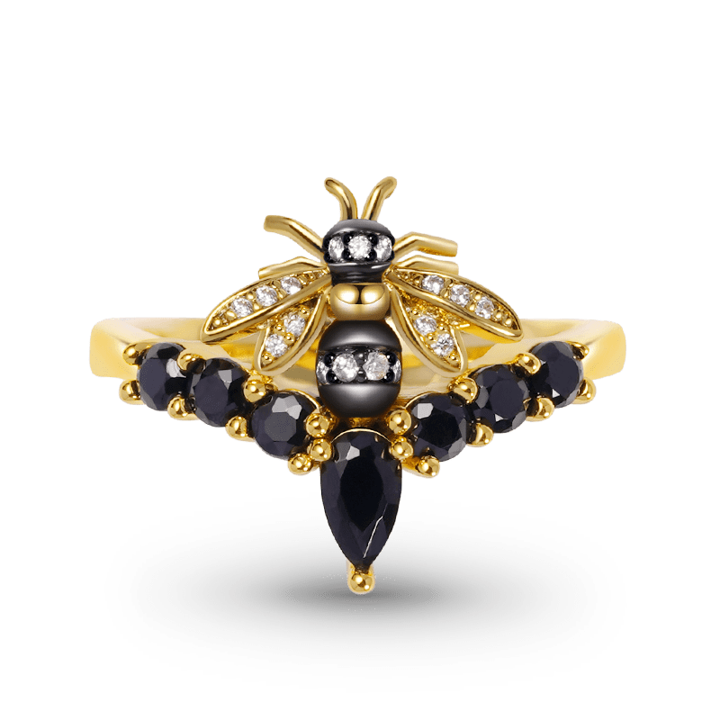 Bee V Ring Sterling Silver 18K Gold Plated inlaid with Black Stones_1