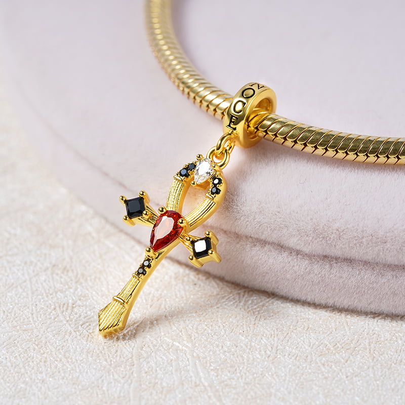 Ankh Pendant Dangle Charm Sterling Silver 18k Gold Plated inlaid with Stones_2