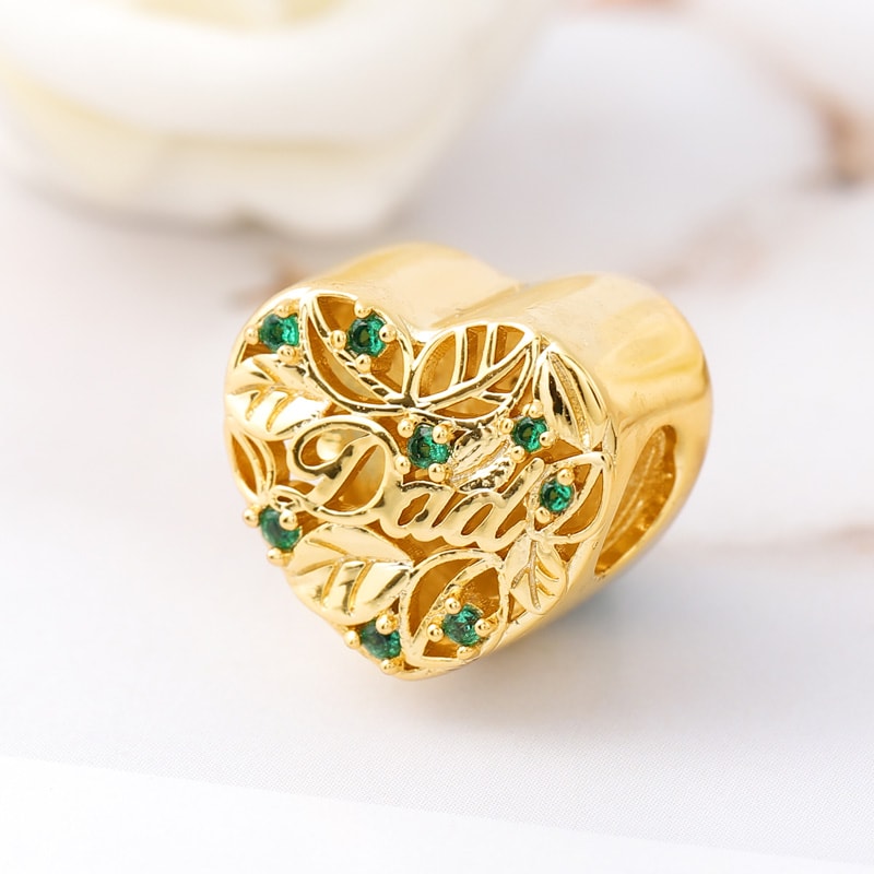 Leaves Heart-shaped Personalized Photo Charm Bead for Dad Sterling Silver 18k Gold Plated_2