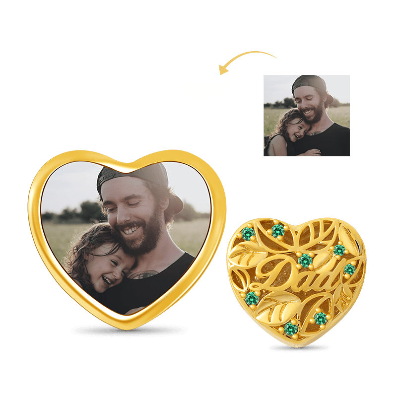Leaves Heart-shaped Personalized Photo Charm Bead for Dad Sterling Silver 18k Gold Plated_1