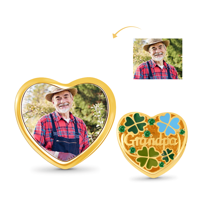 Four-leaf Clover Heart-shaped Personalized Photo Charm Bead for Grandpa Sterling Silver 18k Gold Plated_1