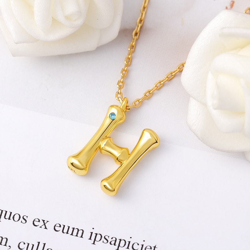 Letter H Pendant Bamboo Initial Necklace Adjustable Chain Length 18k Gold Plated 925 Sterling Silver_3