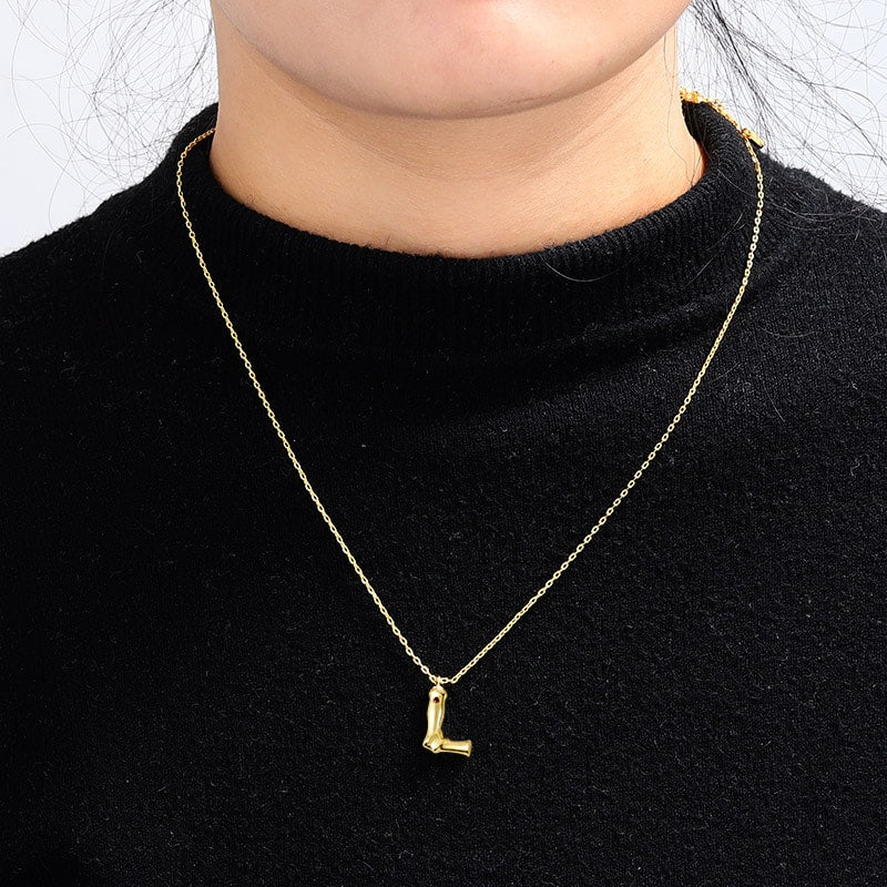 Letter L Pendant Bamboo Initial Necklace Adjustable Chain Length 18k Gold Plated 925 Sterling Silver_4