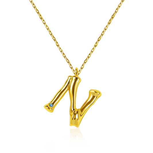 Letter N Pendant Bamboo Initial Necklace Adjustable Chain Length 18k Gold Plated 925 Sterling Silver_1