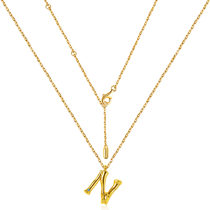 Letter N Pendant Bamboo Initial Necklace Adjustable Chain Length 18k Gold Plated 925 Sterling Silver_2