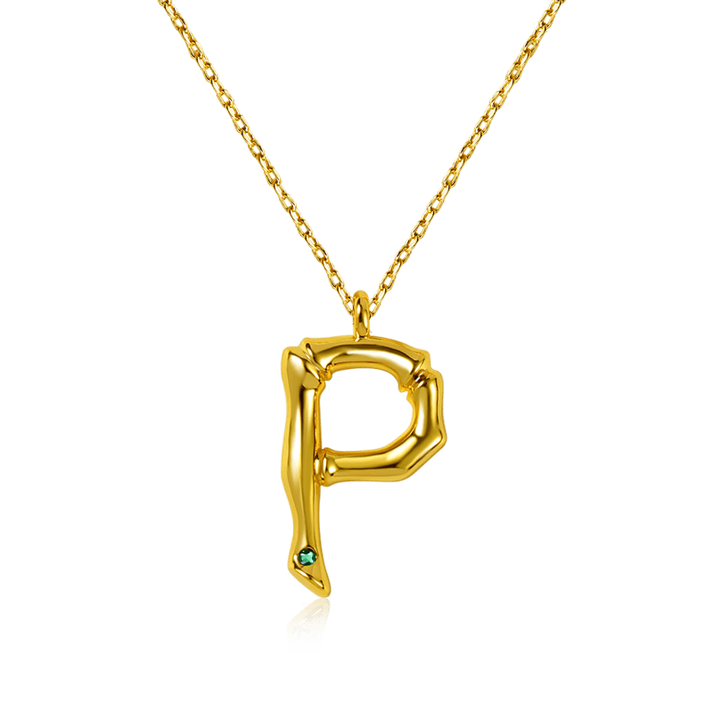 Letter P Pendant Bamboo Initial Necklace Adjustable Chain Length 18k Gold Plated 925 Sterling Silver_1