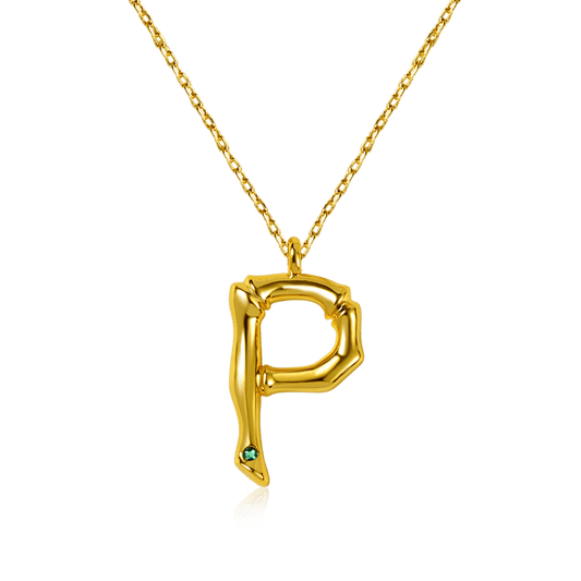 Letter P Pendant Bamboo Initial Necklace Adjustable Chain Length 18k Gold Plated 925 Sterling Silver_1