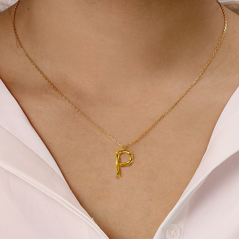 Letter P Pendant Bamboo Initial Necklace Adjustable Chain Length 18k Gold Plated 925 Sterling Silver_4