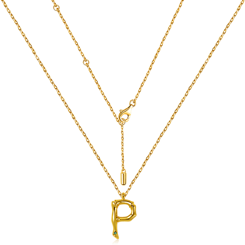 Letter P Pendant Bamboo Initial Necklace Adjustable Chain Length 18k Gold Plated 925 Sterling Silver_2