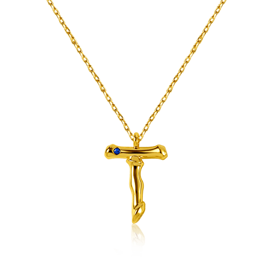Letter T Pendant Bamboo Initial Necklace Adjustable Chain Length 18k Gold Plated 925 Sterling Silver_1