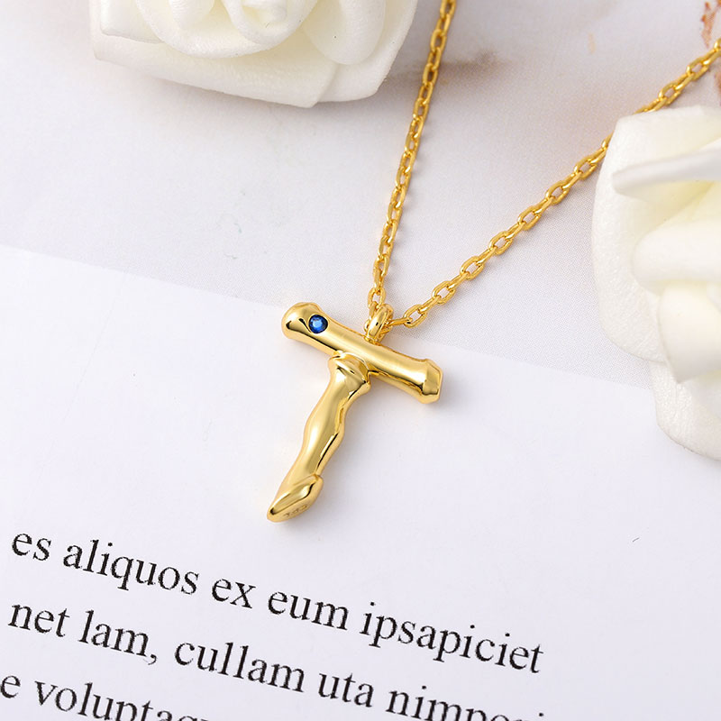 Letter T Pendant Bamboo Initial Necklace Adjustable Chain Length 18k Gold Plated 925 Sterling Silver_3