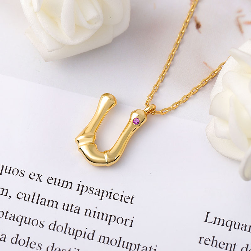 Letter U Pendant Bamboo Initial Necklace Adjustable Chain Length 18k Gold Plated 925 Sterling Silver_3