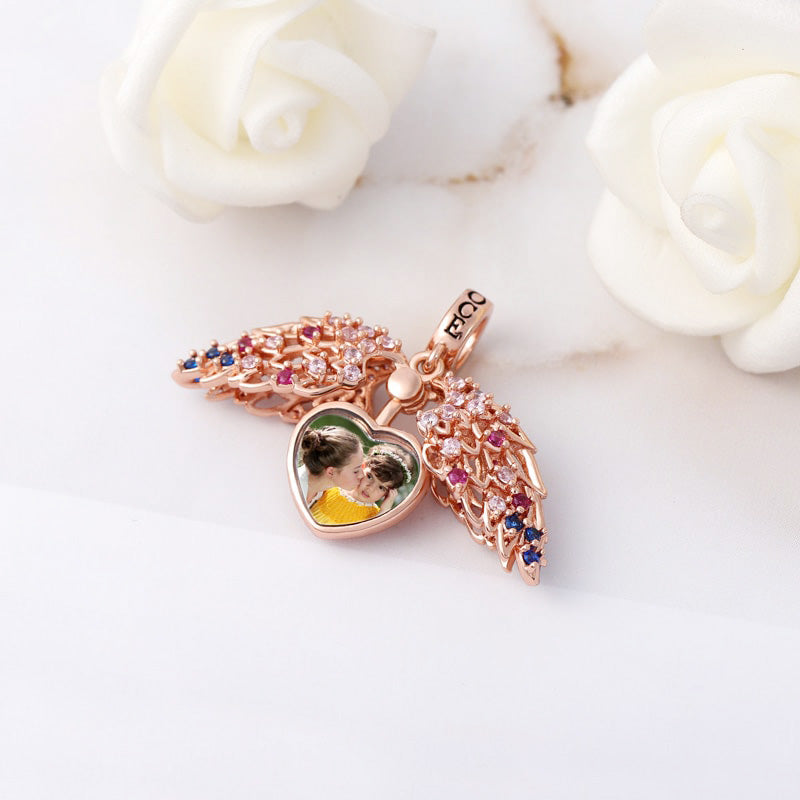 Heart and Wings Personalized Photo Pendant Dangle Charm Sterling Silver 18k Rose Gold Plated with Stones_2