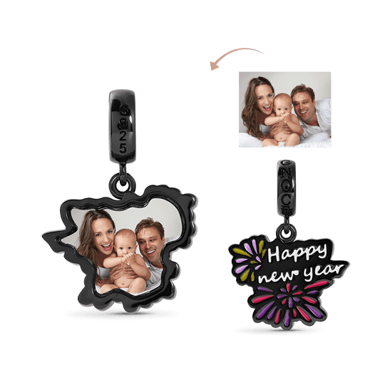 Happy New Year Luminous Personalized Photo Pendant Dangle Charm Sterling Silver Black Plated_1