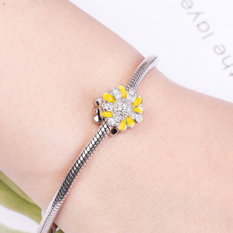 Double-sided Yellow and White Little Daisy Charm Bead 925 Sterling Silver inlaid with Stones_3