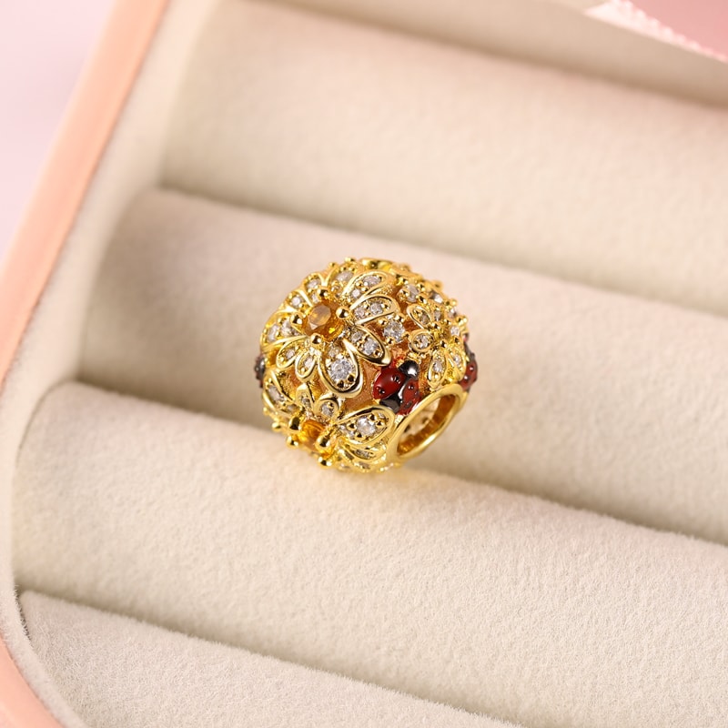 Daisy Hollow Charm Bead Sterling Silver 18k Gold Plated with Stones_2