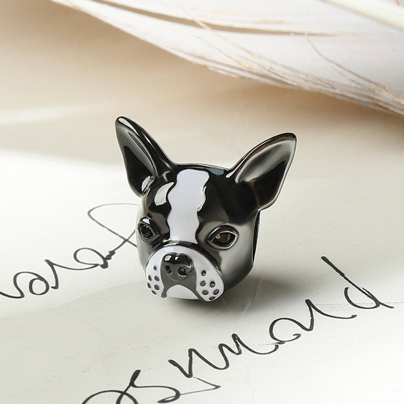 Bulldog Charm Sterling Silver Bead White and Black Enameled fit Bracelet_2