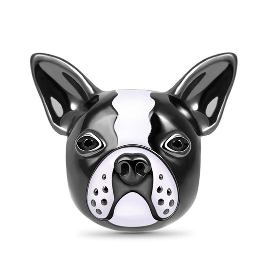 Bulldog Charm Sterling Silver Bead White and Black Enameled fit Bracelet_1