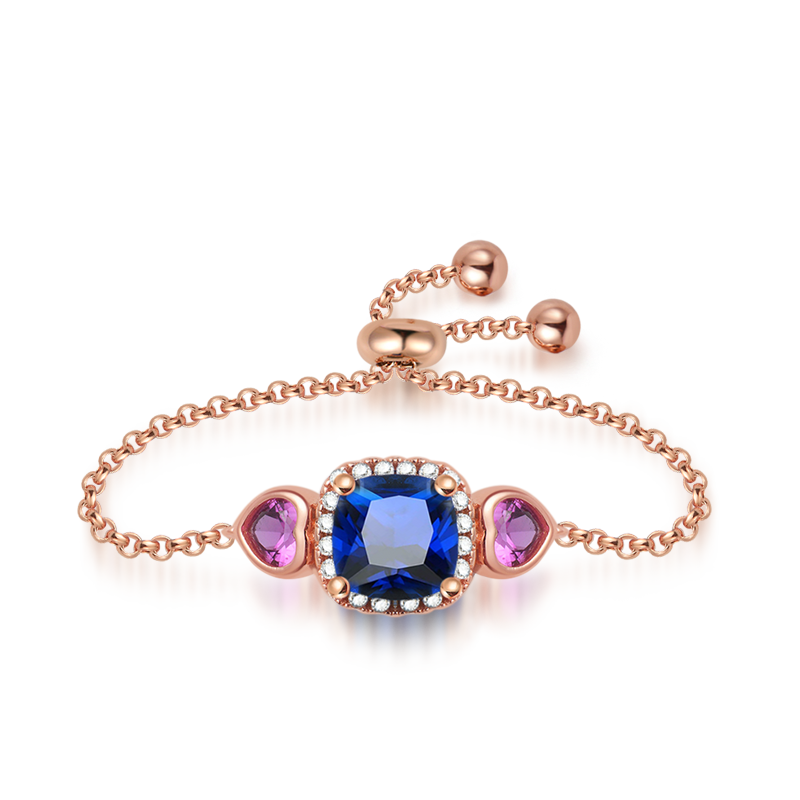 Blue Sapphire Cushion Cut Adjustable Ring Three Stone Stering Silver 18k Rose Gold Plated_1