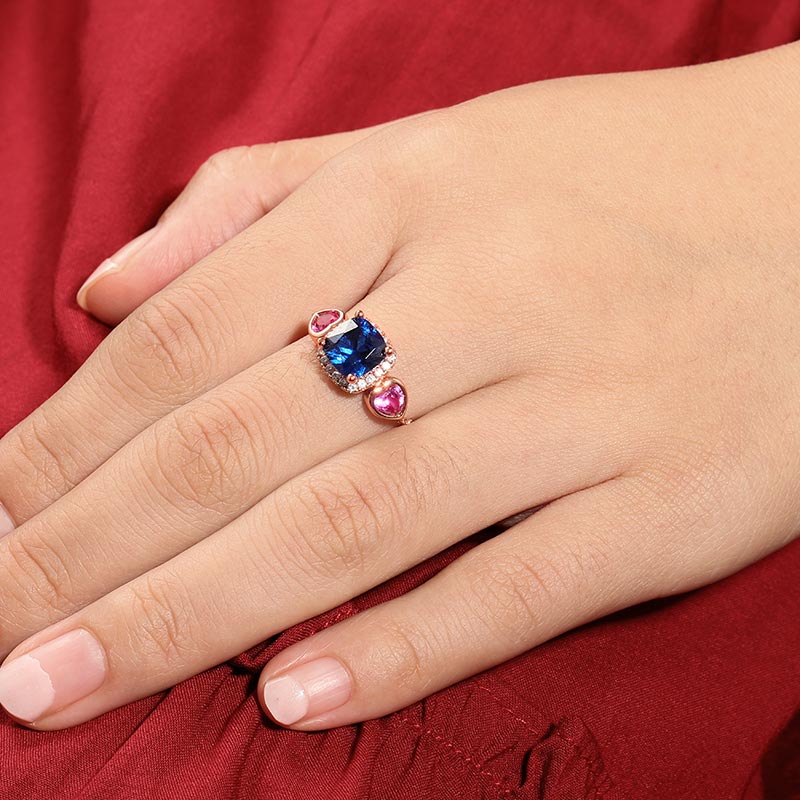 Blue Sapphire Cushion Cut Adjustable Ring Three Stone Stering Silver 18k Rose Gold Plated_3