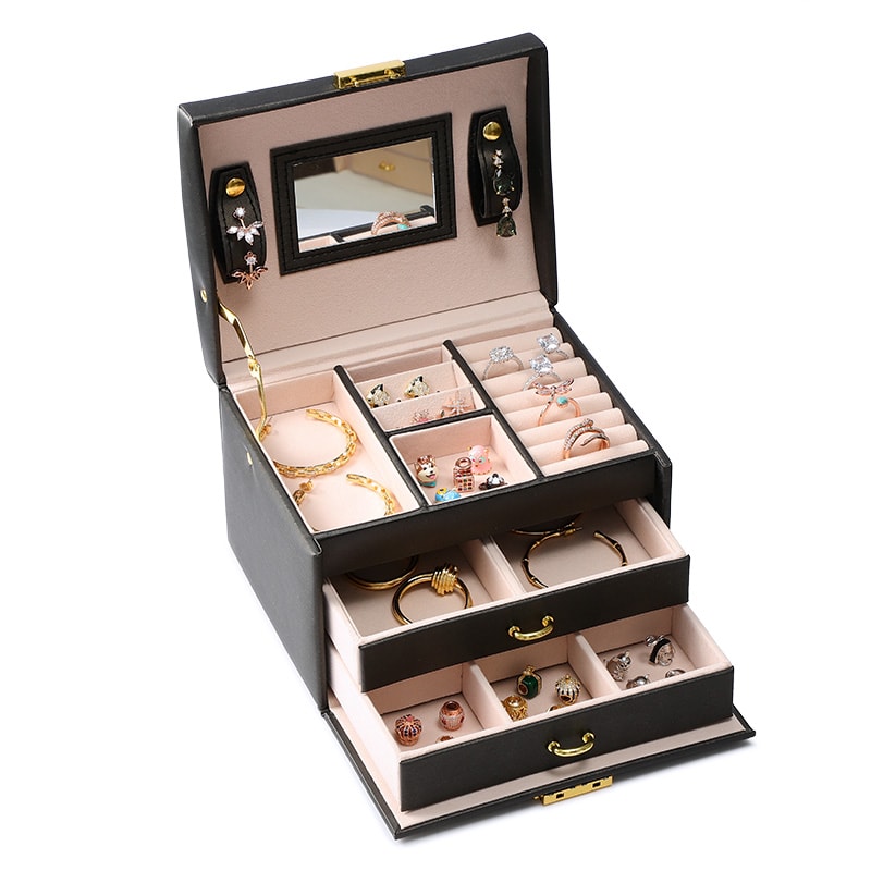 Black Luxury Three-layer Drawer Jewelry Box Earring Ring Necklace Bracelet Charm Storage Gift Casket_1