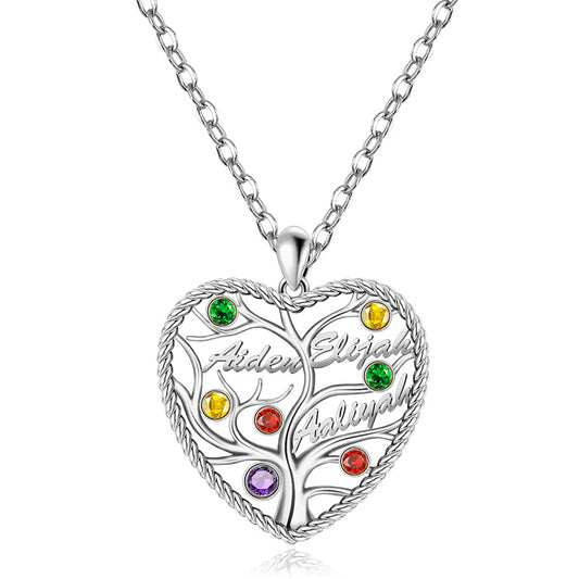 Custom Heart Tree of Life Three Names Necklace Sterling silver inlaid with Colorful Stone_1