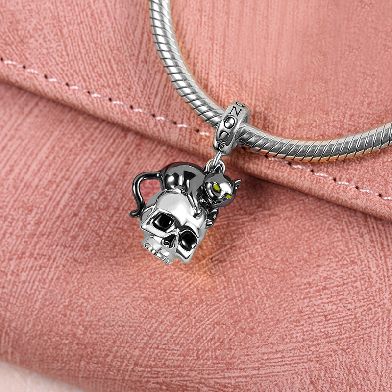 Black Cat with Skull Pendant Dangle Charm Sterling Silver_2