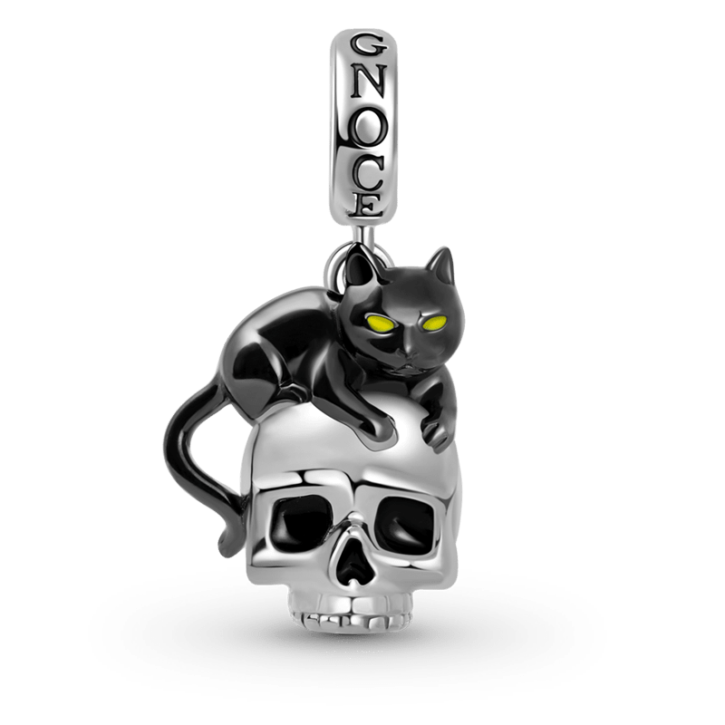 Black Cat with Skull Pendant Dangle Charm Sterling Silver_1